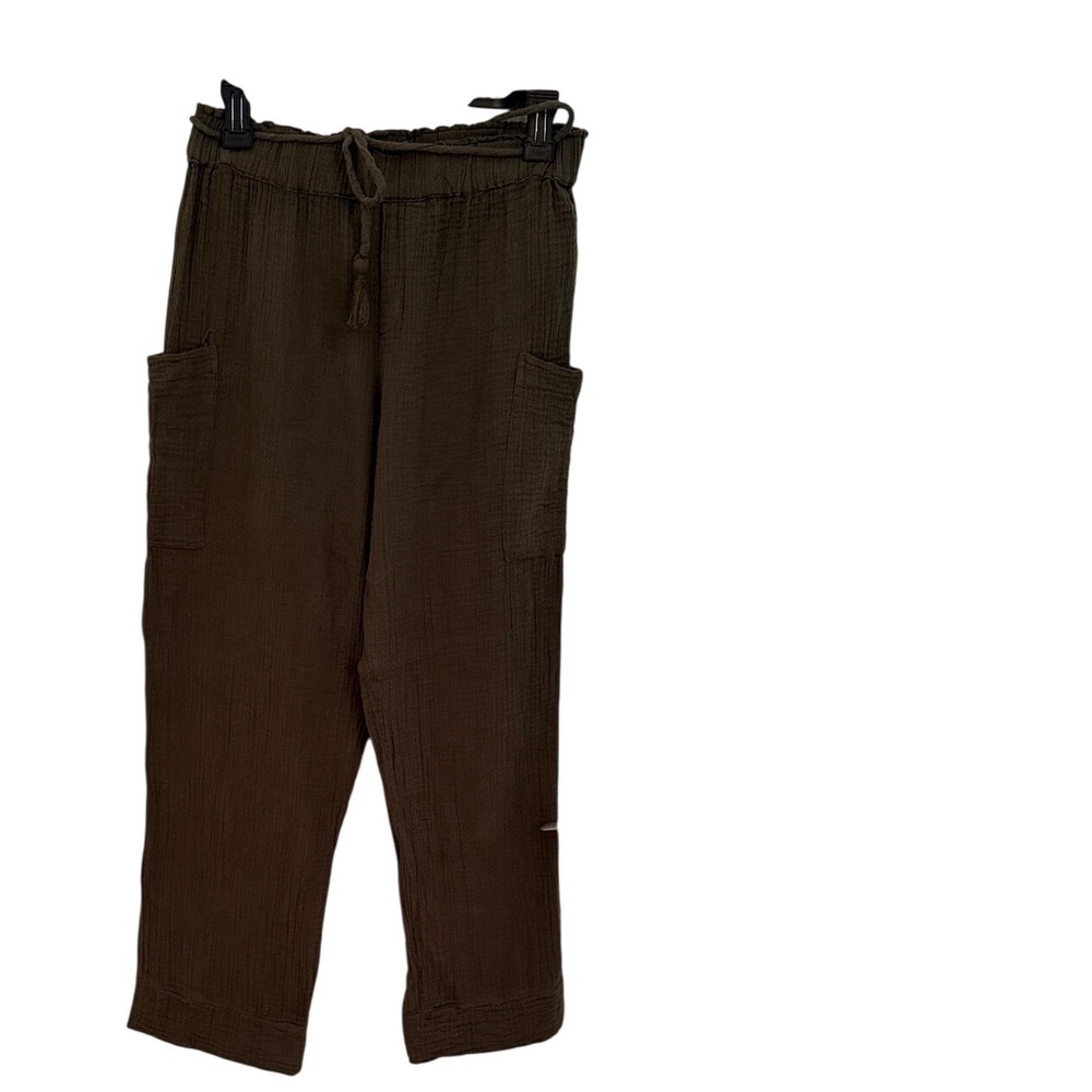 Olive Green Gauze 100% cotton boho & hipster Tassel‎ Drawstring Cropped pants